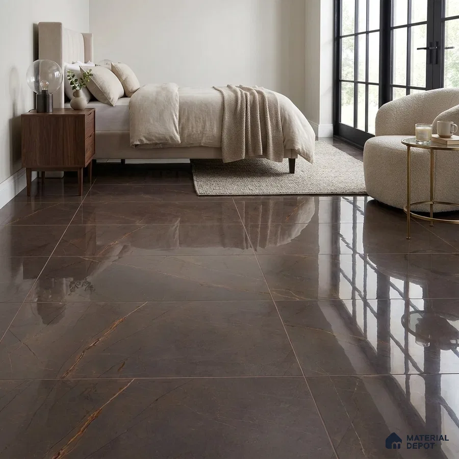 Modern Bedroom with Glossy Coffee Brown Marble-Look Floor Tile