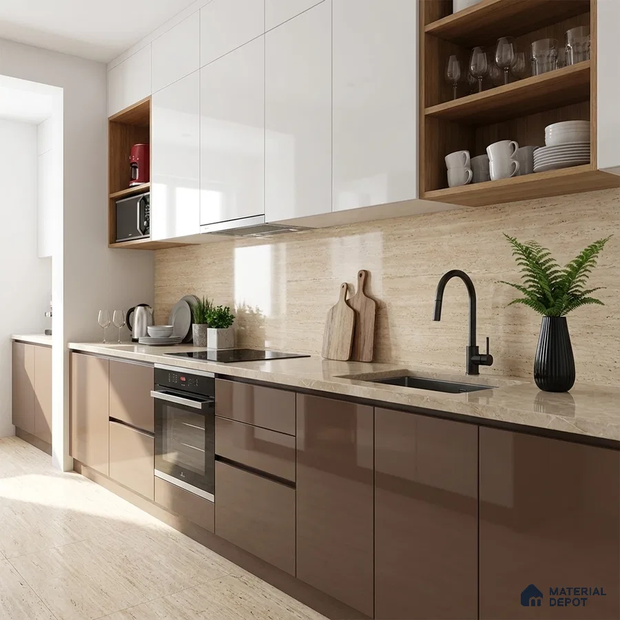 Modern kitchen with glossy brown and white laminate, travertine backsplash and countertop