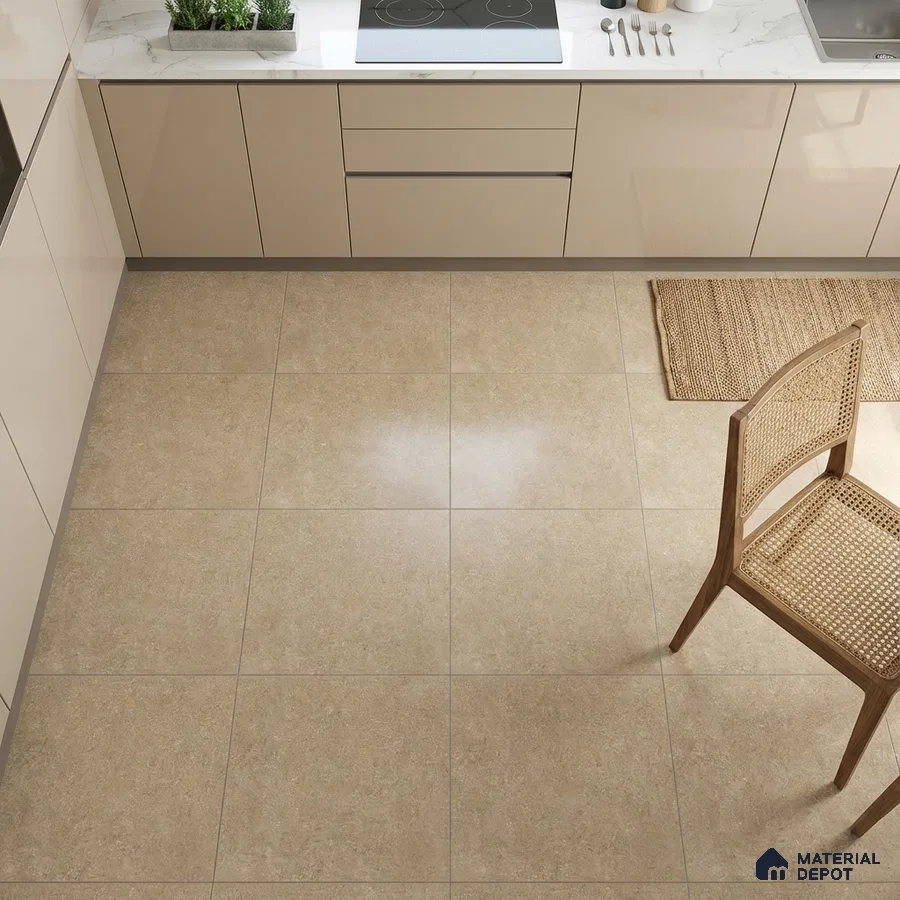 Modern kitchen with beige high gloss laminate cabinets and marble countertop with beige stone floor tiles