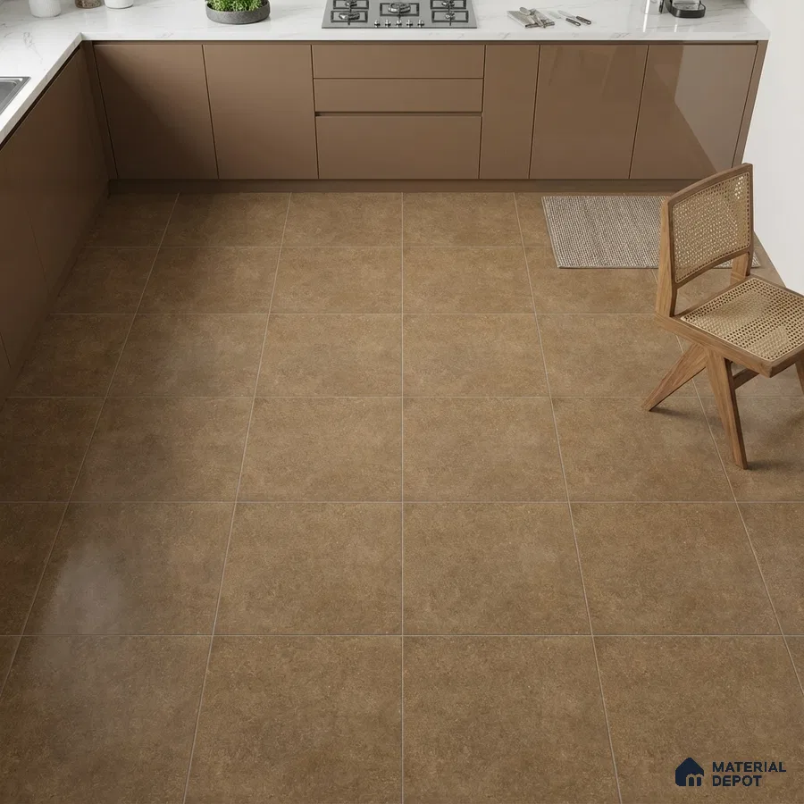 Modern kitchen with taupe brown laminate cabinets and matte brown stone-look floor tiles