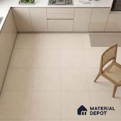 Minimalist kitchen with beige high gloss laminate cabinets and large format beige floor tiles