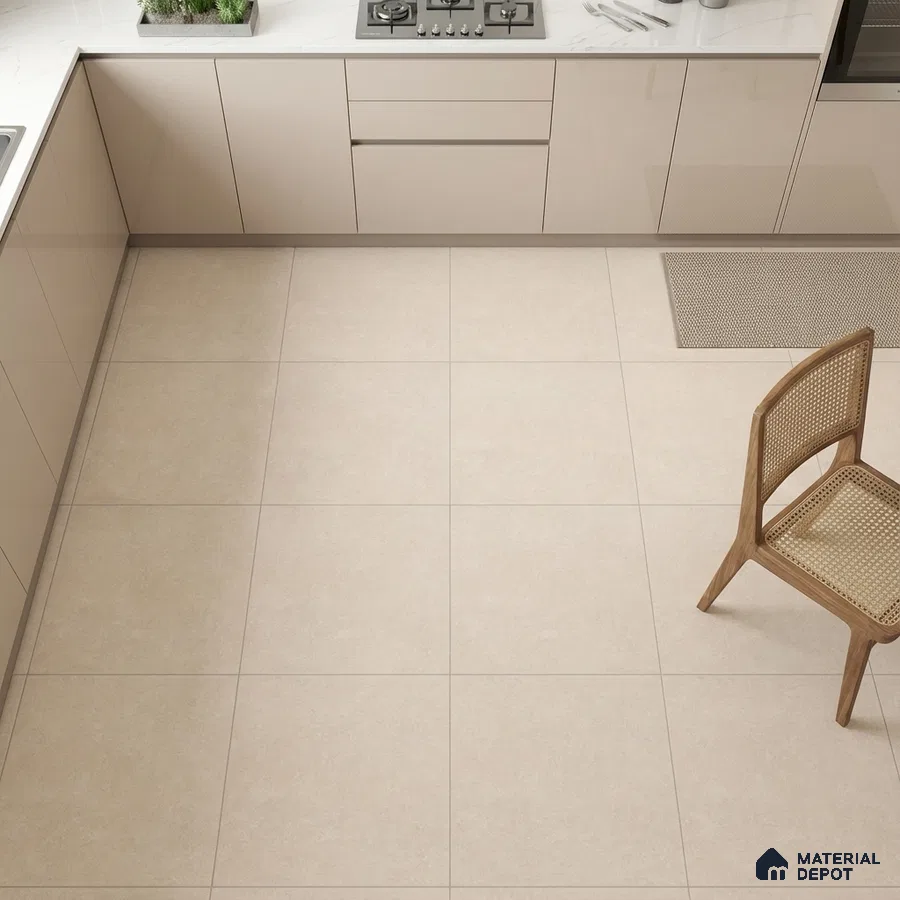 Minimalist kitchen with beige high gloss laminate cabinets and large format beige floor tiles