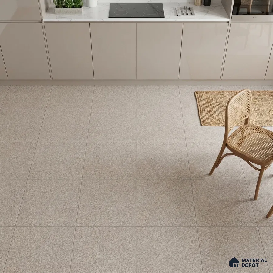 Minimalist kitchen with taupe laminate cabinets, white marble countertop, and beige stone-look floor tiles
