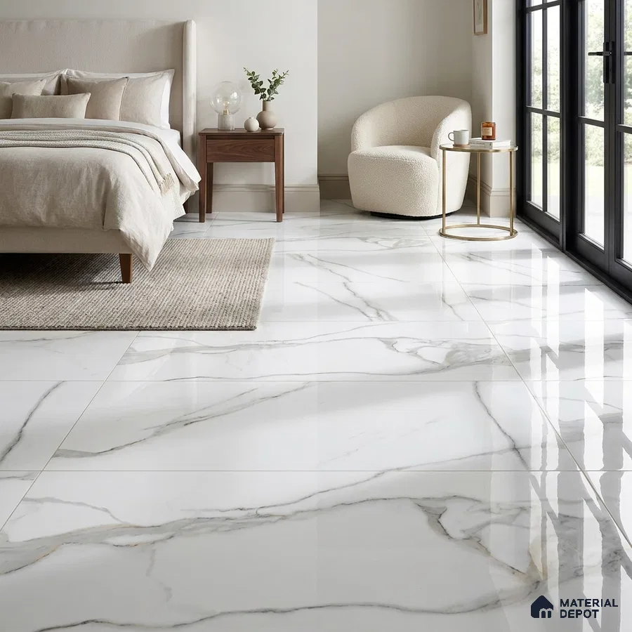 Modern Bedroom with Glossy White Marble-Look Floor Tile