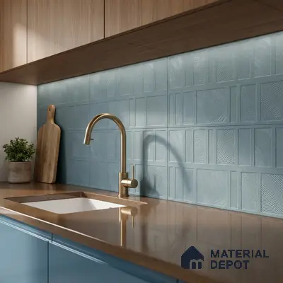 Modern kitchen with blue textured backsplash tile, brown quartz countertop, and wood grain laminate cabinets