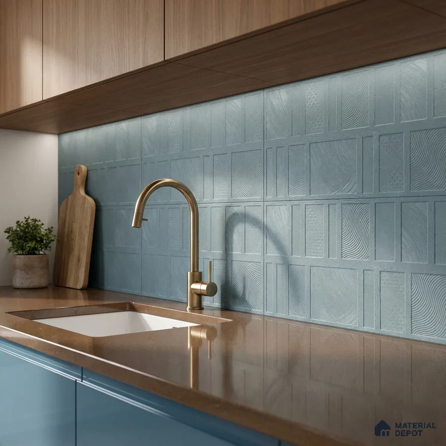 Modern kitchen with blue textured backsplash tile, brown quartz countertop, and wood grain laminate cabinets