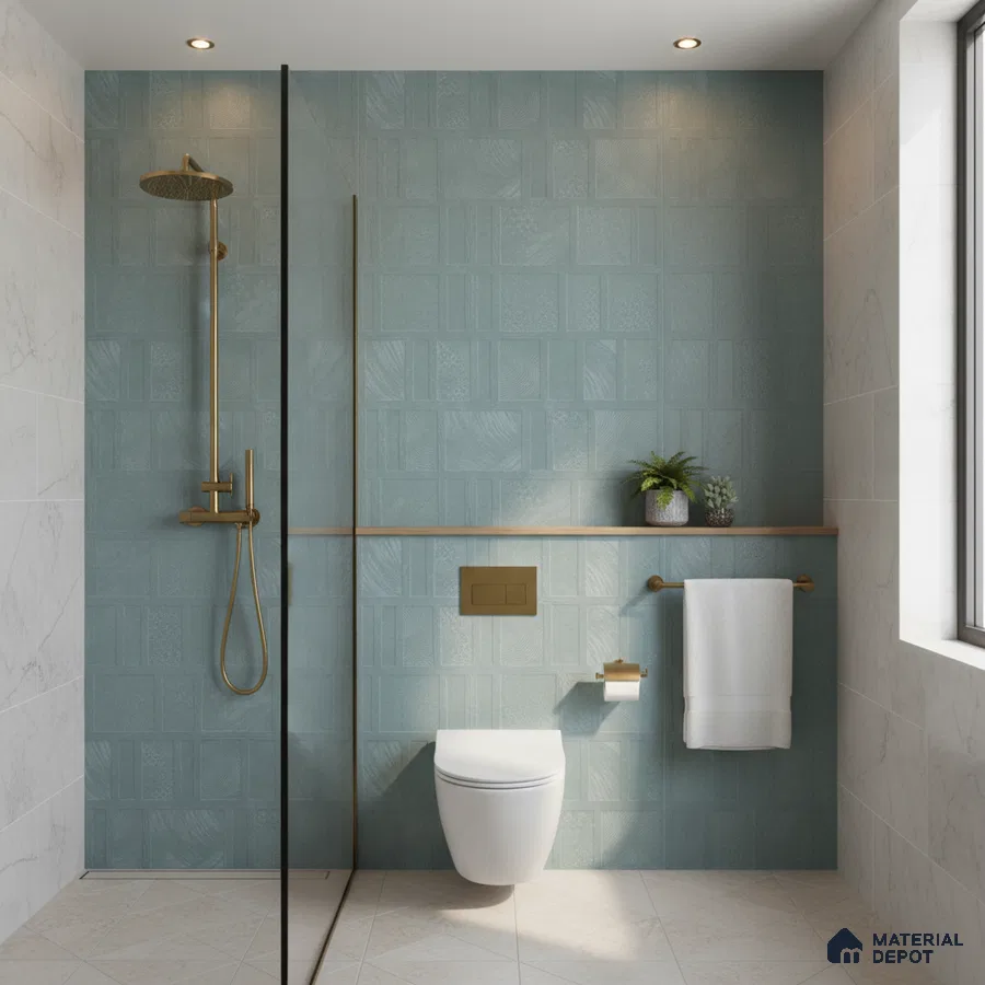 Modern bathroom with textured teal wall tiles and marble-look floor tiles