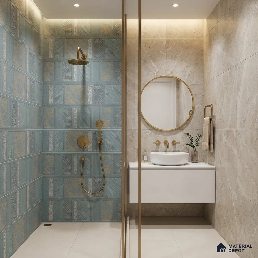 Modern bathroom with blue patterned wall tiles and beige marble-look wall tiles