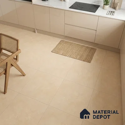 Modern kitchen with beige glossy laminate cabinets and cream stone-look floor tiles