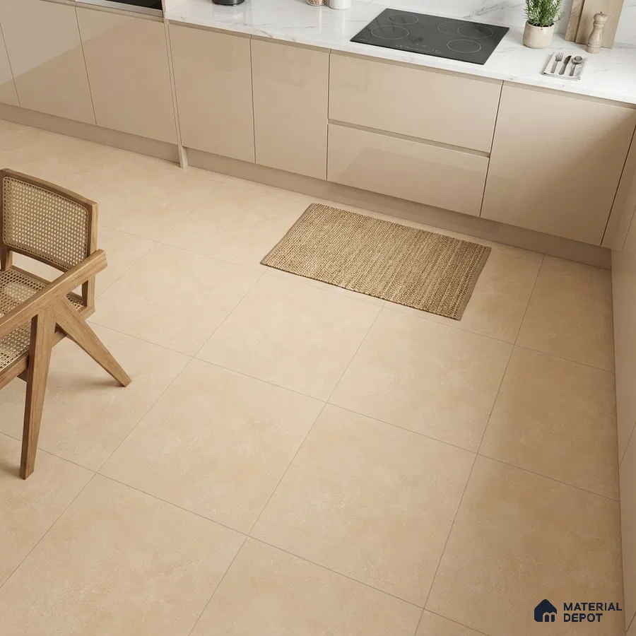 Modern kitchen with beige glossy laminate cabinets and cream stone-look floor tiles