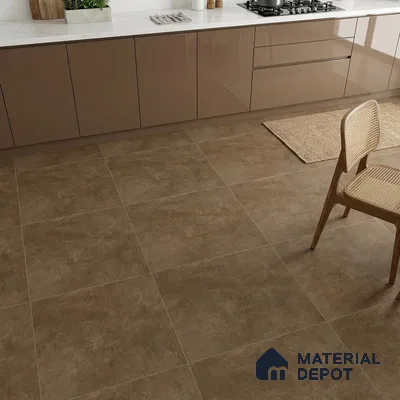Modern kitchen with glossy taupe laminate cabinets, white marble countertop, and matte brown stone floor tiles