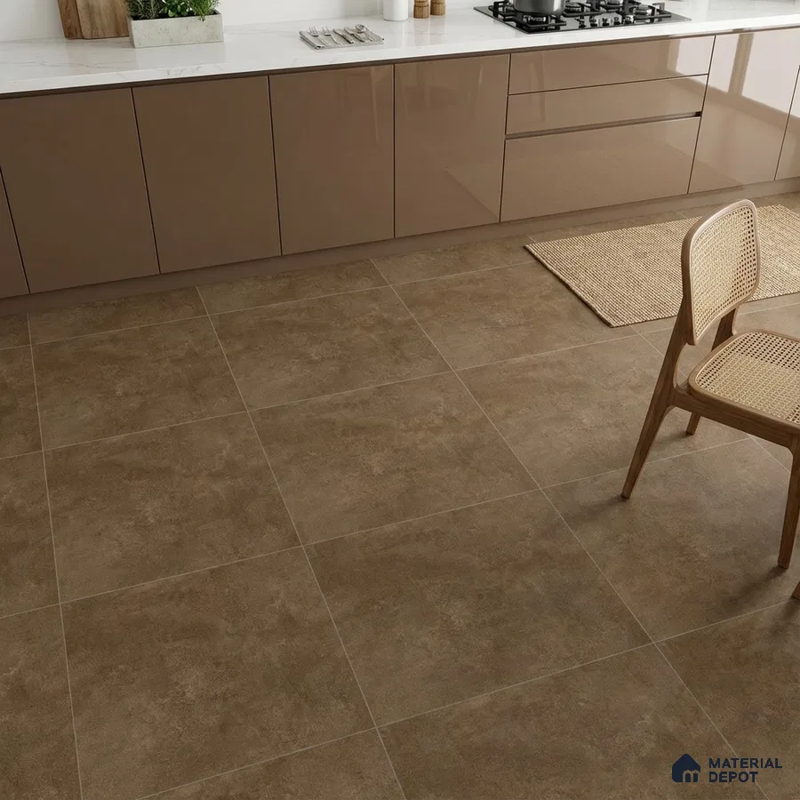 Modern kitchen with glossy taupe laminate cabinets, white marble countertop, and matte brown stone floor tiles