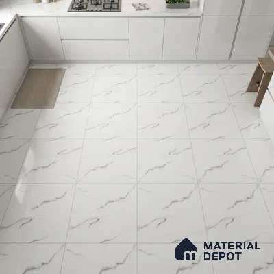 Modern kitchen with frosty white laminate cabinets and white marble-look floor tiles