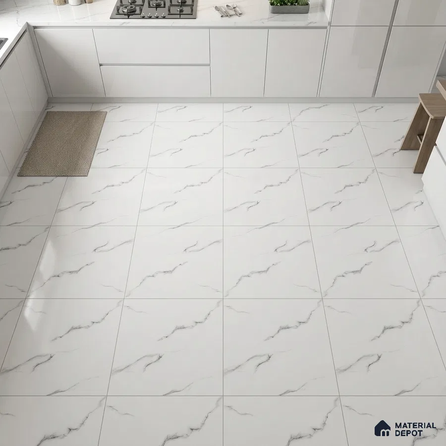 Modern kitchen with frosty white laminate cabinets and white marble-look floor tiles