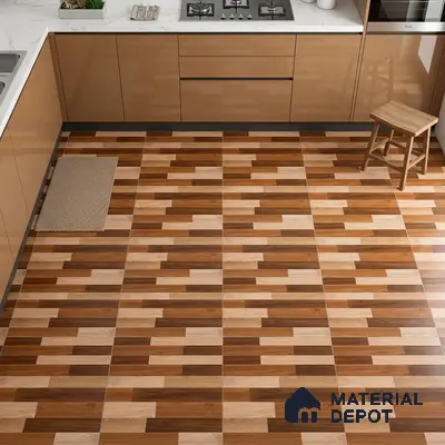 Modern kitchen with glossy beige laminate cabinets and multi-tone wood-look patterned floor tiles