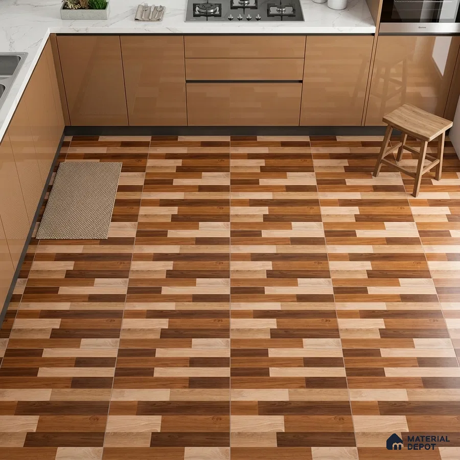 Modern kitchen with glossy beige laminate cabinets and multi-tone wood-look patterned floor tiles