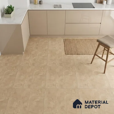 Modern kitchen with beige matte laminate cabinets, white marble-look quartz countertop, and sand beige stone floor tiles