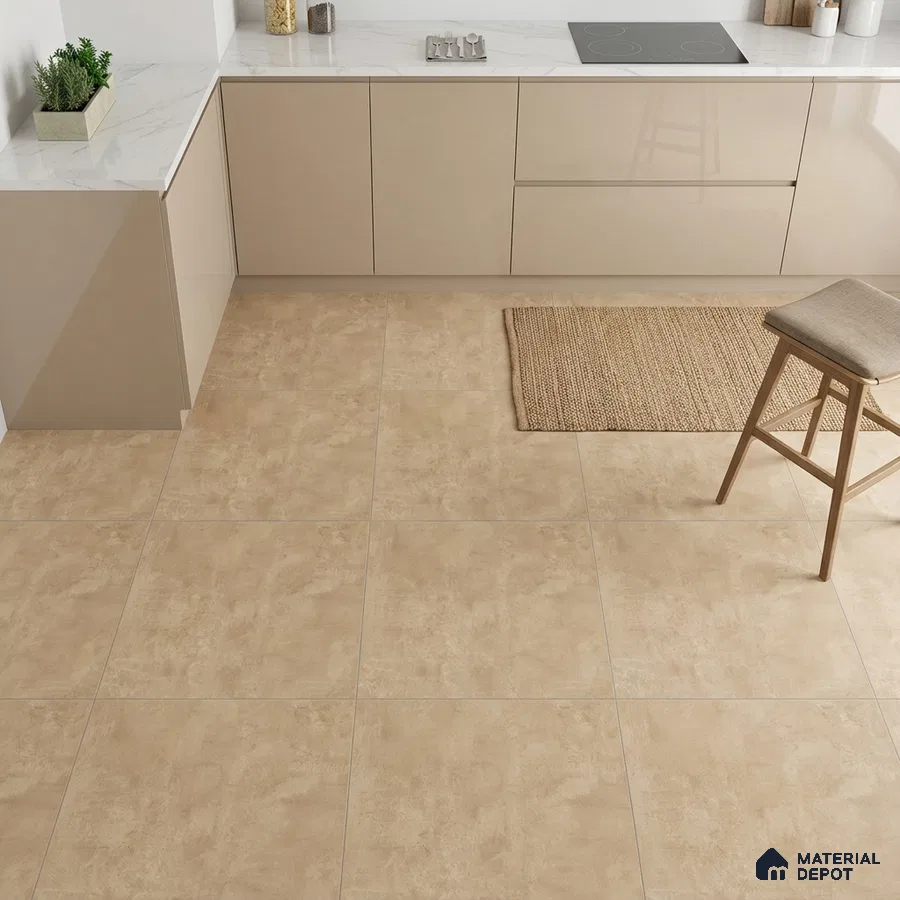 Modern kitchen with beige matte laminate cabinets, white marble-look quartz countertop, and sand beige stone floor tiles