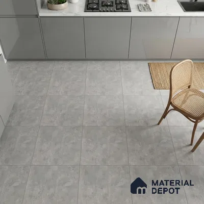 Modern kitchen with grey high gloss laminate cabinets and light grey stone-look floor tiles