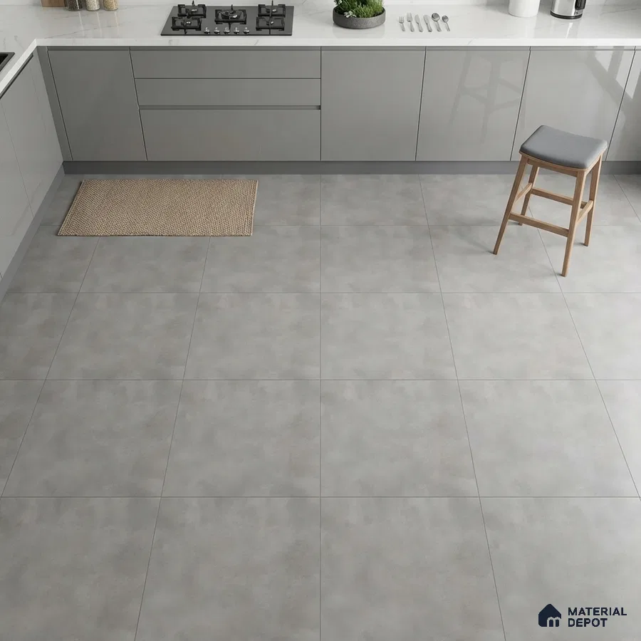 Modern kitchen with grey matte laminate cabinets, white marble countertop, and light grey stone-look floor tiles