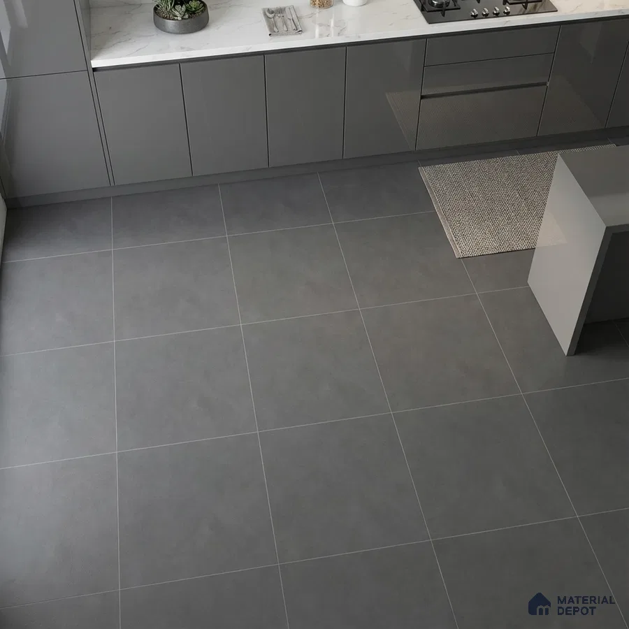 Modern kitchen with glossy grey laminate cabinets, white marble-look countertop, and matte grey floor tiles