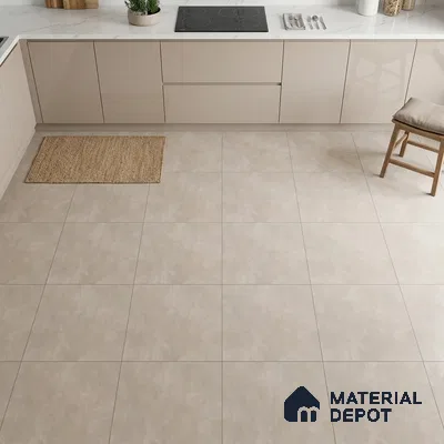 Modern kitchen with beige high gloss laminate cabinets and matte beige floor tiles