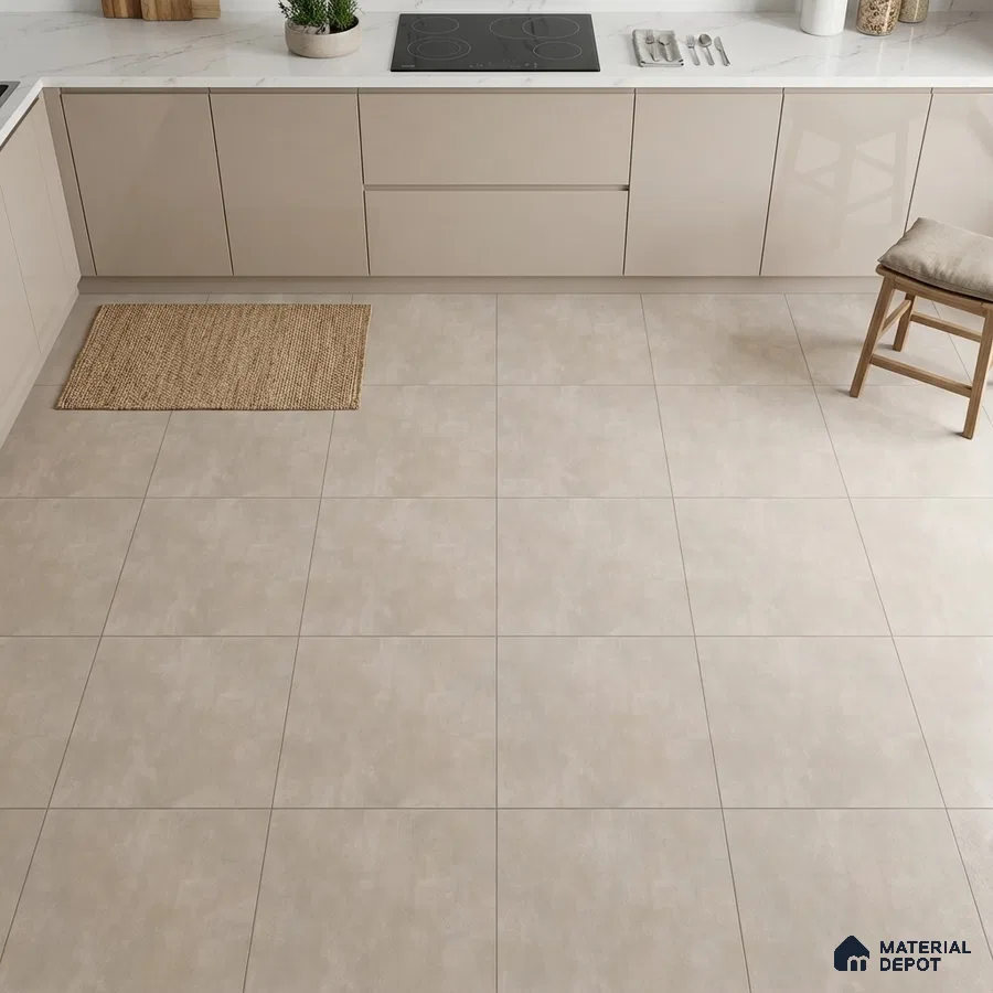 Modern kitchen with beige high gloss laminate cabinets and matte beige floor tiles