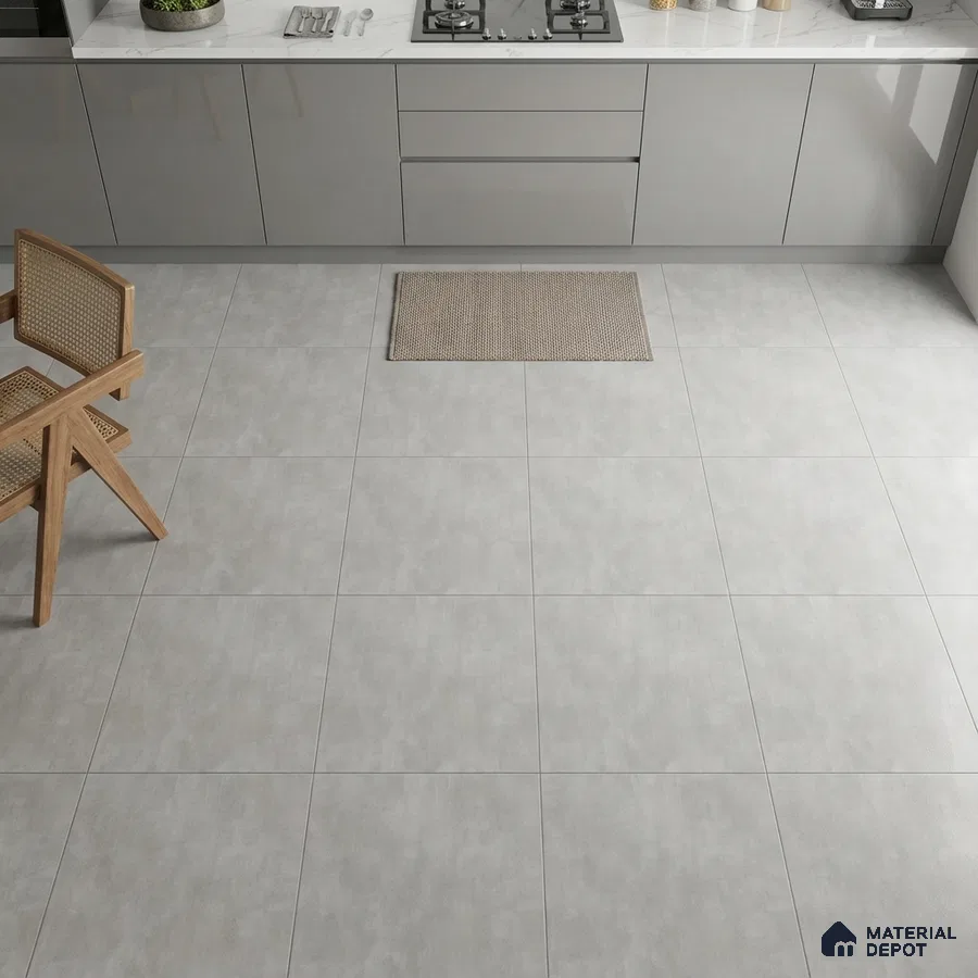 Modern kitchen with grey high gloss laminate cabinets and matte light grey floor tiles