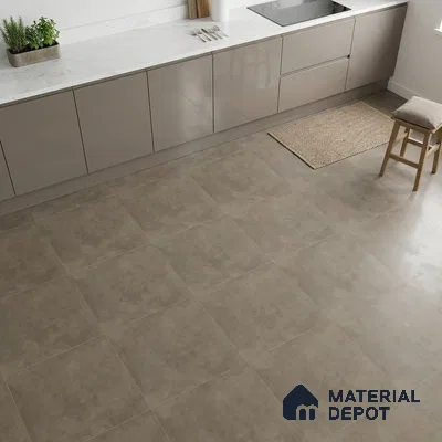 Modern kitchen with glossy taupe laminate cabinets, white marble countertop, and matte beige stone-look floor tiles