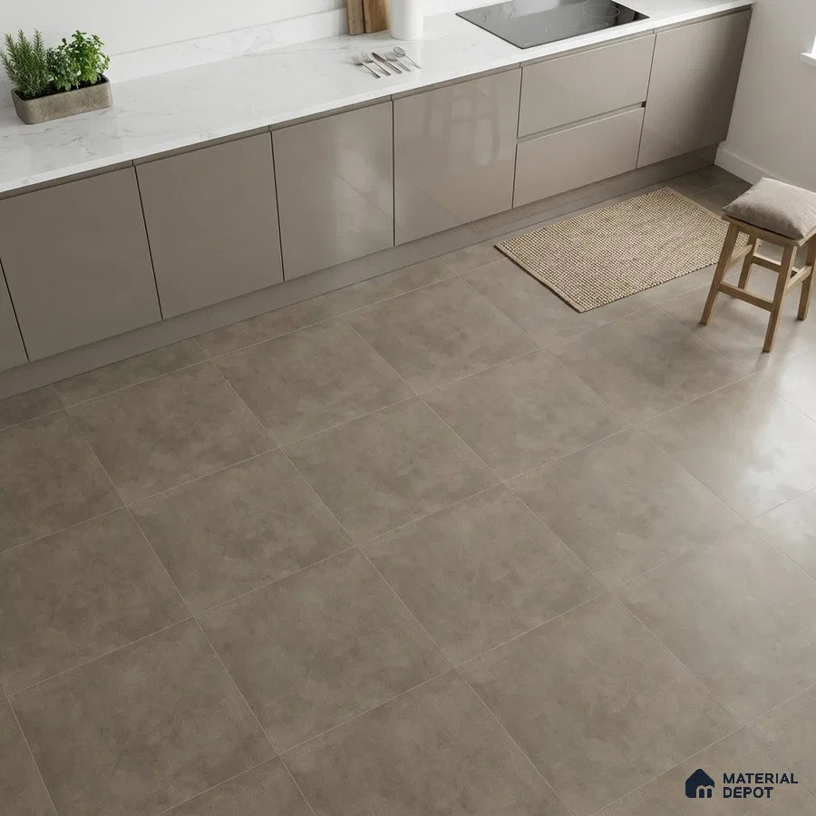 Modern kitchen with glossy taupe laminate cabinets, white marble countertop, and matte beige stone-look floor tiles