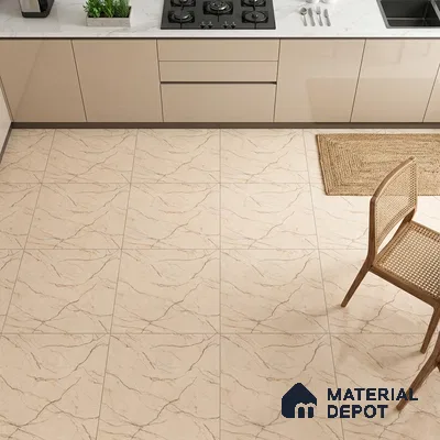 Modern kitchen with beige marble-look floor tiles and glossy cream laminate cabinets
