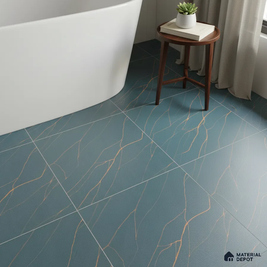 Modern bathroom with teal marble-look floor tiles and freestanding tub