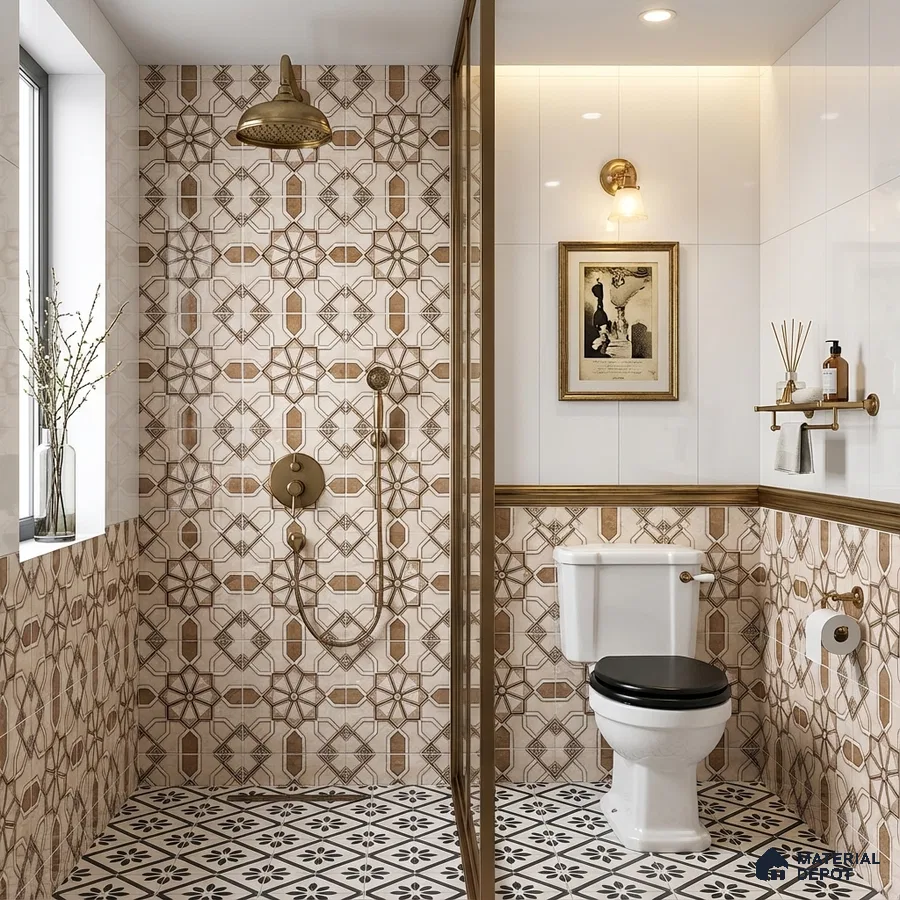 Modern kitchen with beige laminate cabinets, white quartz countertop, and geometric Moroccan backsplash tiles