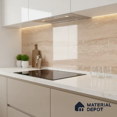 Modern kitchen with beige marble-look backsplash tile and white marble quartz countertop