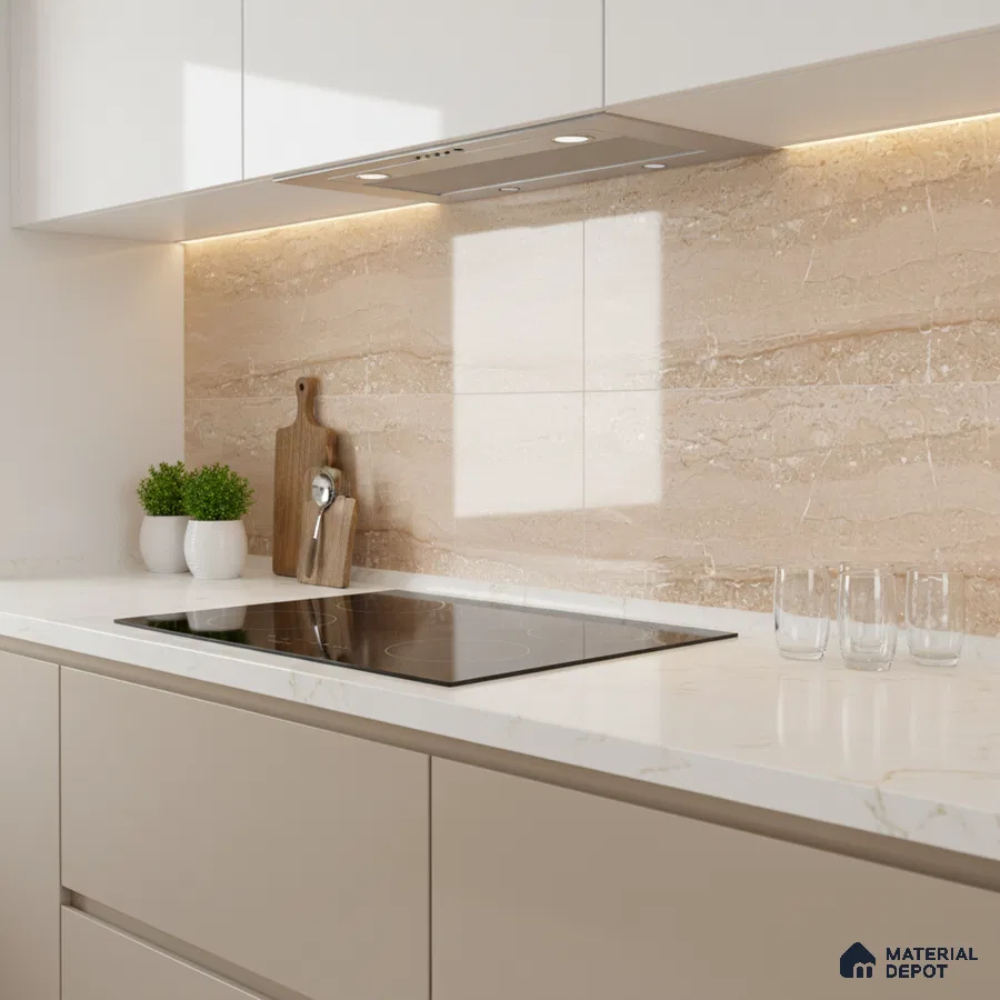Modern kitchen with beige marble-look backsplash tile and white marble quartz countertop