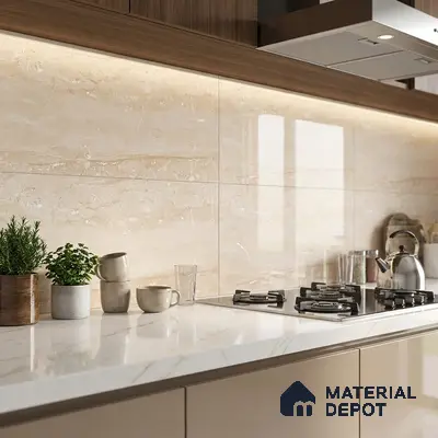 Modern kitchen with beige marble-look backsplash tile, white marble-look quartz countertop, and walnut wood laminate cabinets
