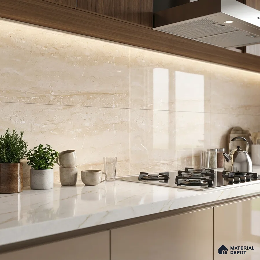 Modern kitchen with beige marble-look backsplash tile, white marble-look quartz countertop, and walnut wood laminate cabinets