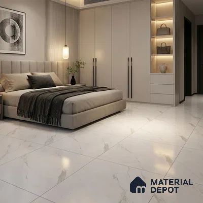 Modern Bedroom with Glossy White Marble-Look Floor Tile and Fluted Wardrobe