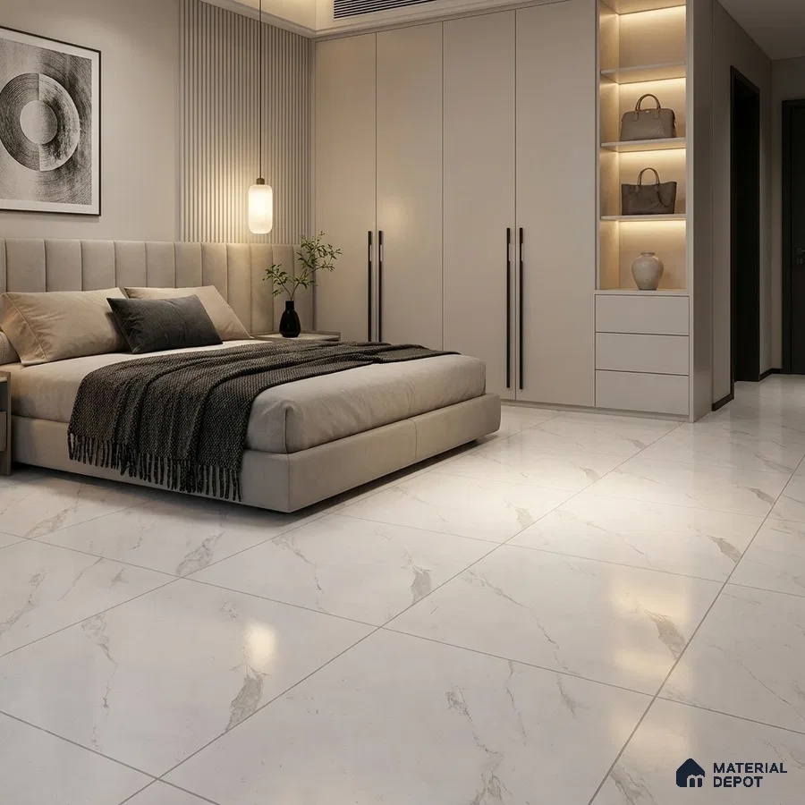 Modern Bedroom with Glossy White Marble-Look Floor Tile and Fluted Wardrobe