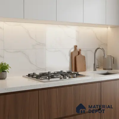 Modern kitchen with walnut wood laminate, white quartz countertop, and marble-look backsplash tiles
