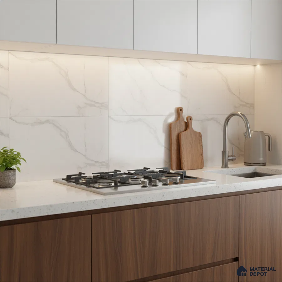 Modern kitchen with walnut wood laminate, white quartz countertop, and marble-look backsplash tiles