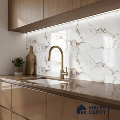 Modern kitchen with marble-look backsplash tile, glossy taupe laminate cabinets, and brown quartz countertop
