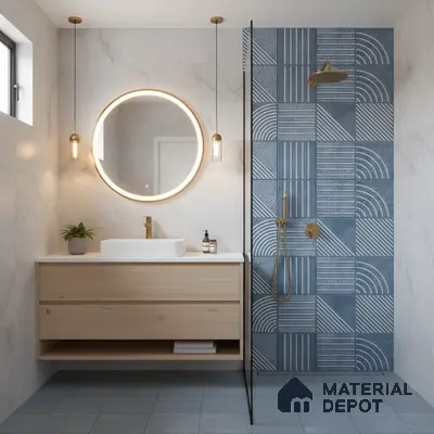 Scandinavian bathroom with blue geometric highlighter wall tile, marble wall tile, and light wood floating vanity