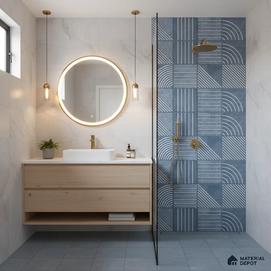 Scandinavian bathroom with blue geometric highlighter wall tile, marble wall tile, and light wood floating vanity