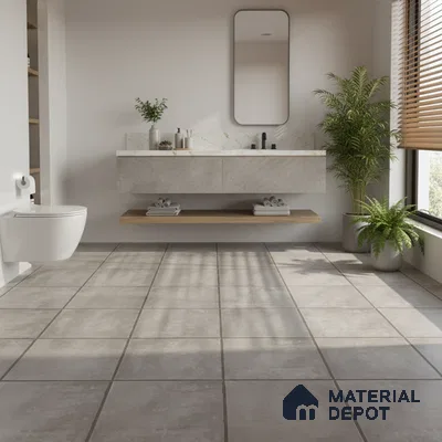 Minimalist bathroom with grey stone floor tiles and floating concrete vanity