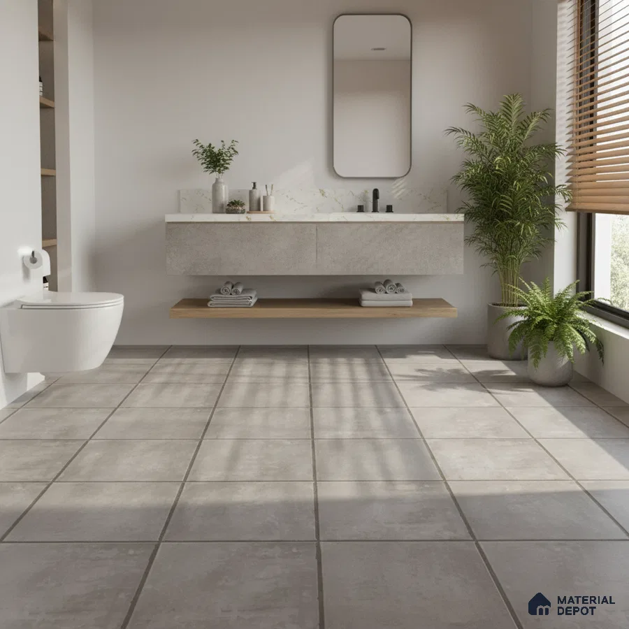 Minimalist bathroom with grey stone floor tiles and floating concrete vanity