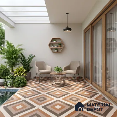 Modern balcony with geometric patterned floor tiles and wood accents
