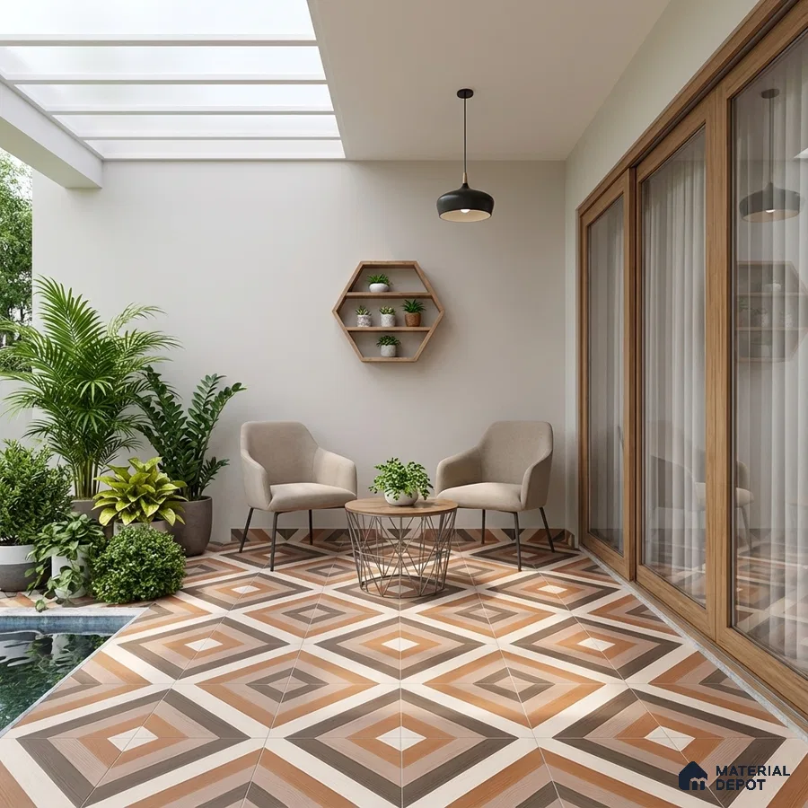 Modern balcony with geometric patterned floor tiles and wood accents