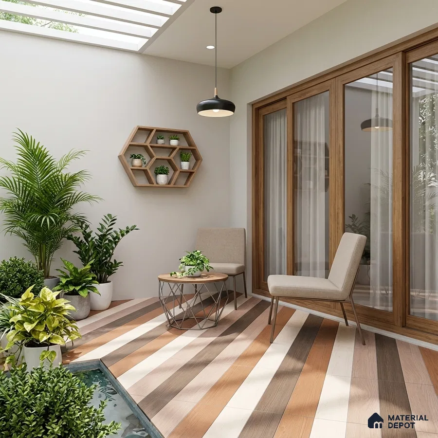 Scandinavian outdoor patio with striped wood-look floor tiles and natural wood accents