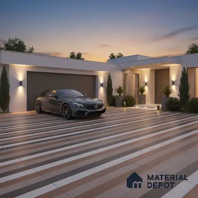 Modern parking with striped wood-look and stone-look floor tiles